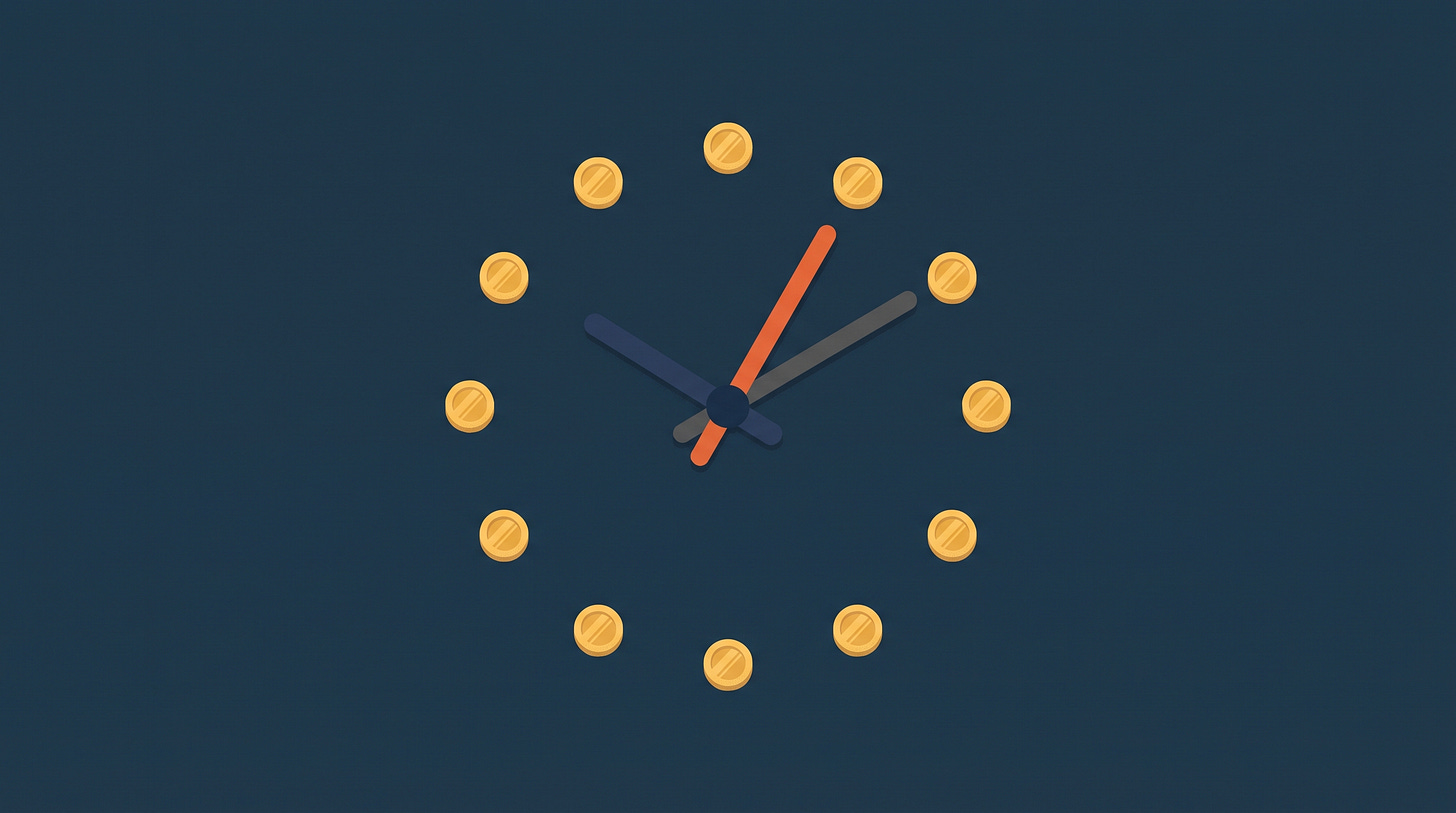 A clock face made of coins with three hands pointing to one hour A clock face made of coins with three hands pointing to one hour