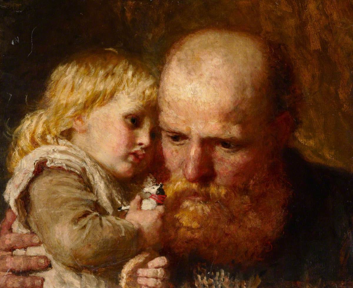 Pintura ‘Pai e Filho(a)’ de Karl Wilhelm Friedrich Bauerle. Cena familiar do século XIX mostra um pai e uma criança em trajes da época, interagindo em um ambiente doméstico. Detalhes realistas nas expressões faciais, nas roupas e na iluminação suave, típicos do estilo romântico ou Biedermeier. A composição transmite afeto e conexão entre as figuras."