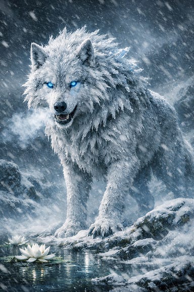 Winter wolf from Dungeons and Dragons, massive silver‑white wolf with frost‑rimmed fur, icy breath, glowing blue eyes, standing in a snowy storm