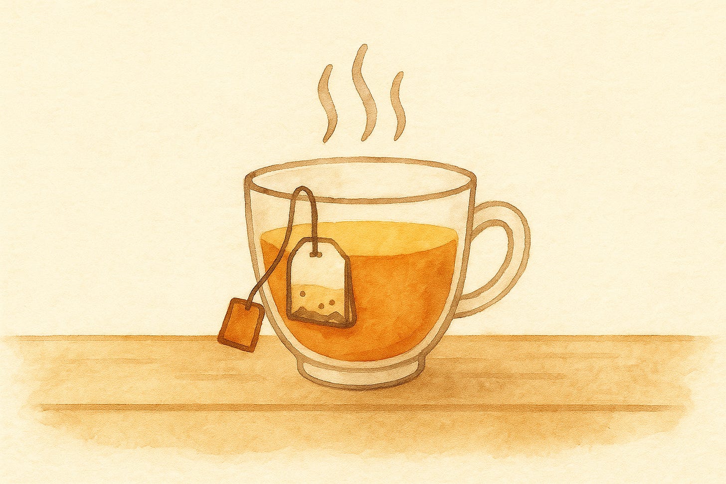 A steaming cup of tea with a tea bag resting on the table, indicating the brewing process.