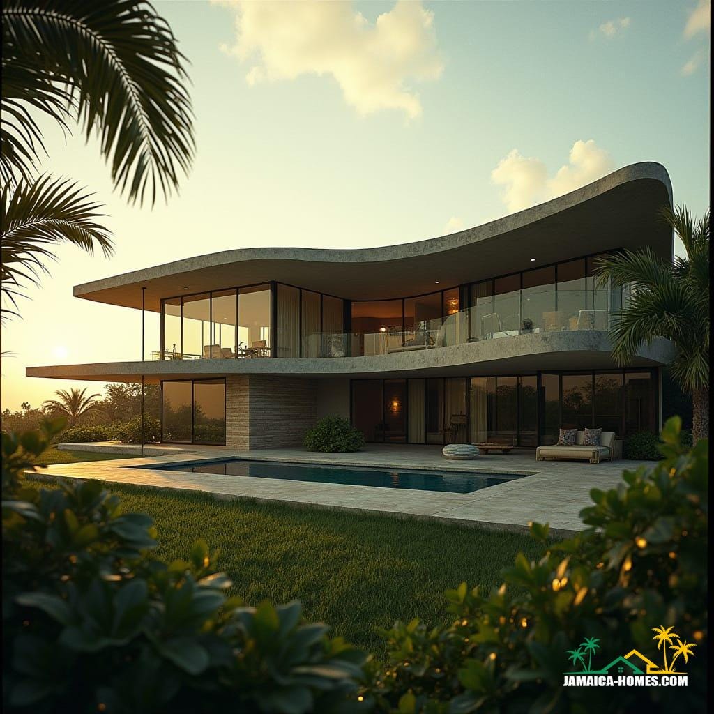  A house made of concrete, brick, and glass, shaped like a bird, situated in Jamaica. Cinematic film still, shot on v-raptor XL, film grain, vignette, color graded, post-processed, cinematic lighting on the tropical landscape, 35mm film, live-action, best quality, atmospheric, a masterpiece, epic, stunning, dramatic. The house features clean, modern lines softened by the vibrant Caribbean surroundings. Golden hour lighting bathes the structure, casting long shadows and highlighting texturing on the materials.