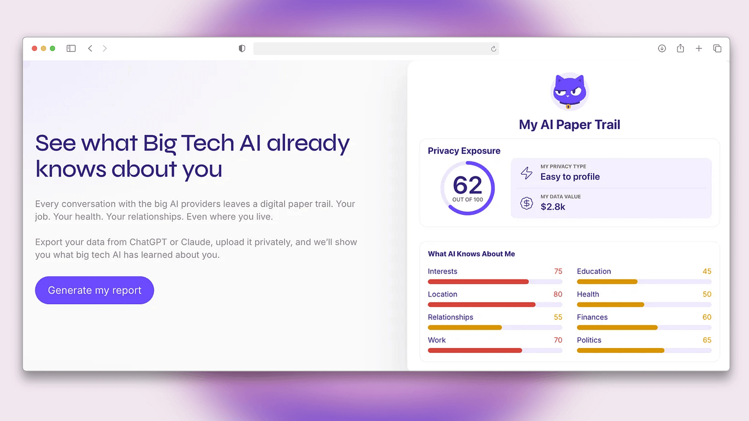 Screenshot of the Lumo AI Paper Trail dashboard displaying an analysis of data stored in an AI assistant's memory. Gemini helped draft this alt-text.