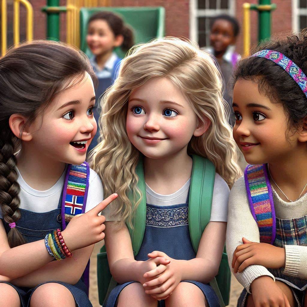 a 1st grade norwegian-american girl, a 2nd grade mexican-american girl, and a 2nd grade iranian-american girl talking with each on a playground photorealistic