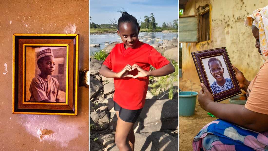 The photo on the left shows a framed photo of Abdullahi Ibrahim, a young boy who is wearing a brown outfit and cap. The middle photo shows Purity Wamboi, a teenager. She is wearing a red T-shirt and black shorts, and she's making a heart shape with her two hands. In the photo on the right, a woman is holding a framed photo of Ibrahim Garba, a young boy with a wide smile. The photo on the left shows a framed photo of Abdullahi Ibrahim, a young boy who is wearing a brown outfit and cap. The middle photo shows Purity Wamboi, a teenager. She is wearing a red T-shirt and black shorts, and she's making a heart shape with her two hands. In the photo on the right, a woman is holding a framed photo of Ibrahim Garba, a young boy with a wide smile.
