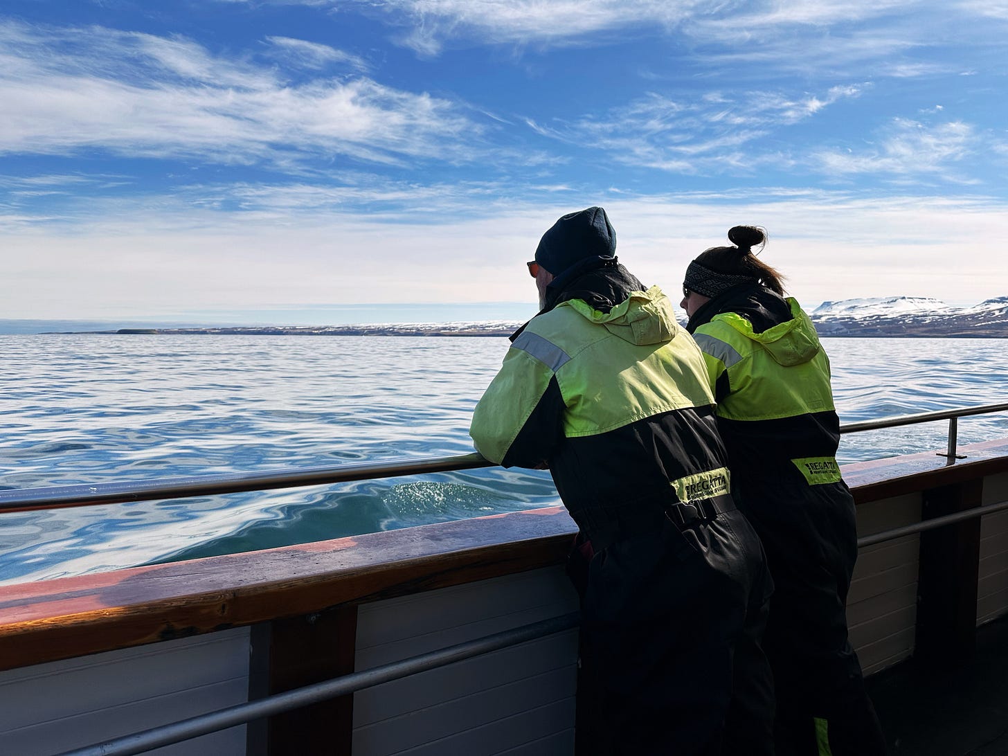 Two men in survival suits looking over the side of a wooden boat in Iceland.