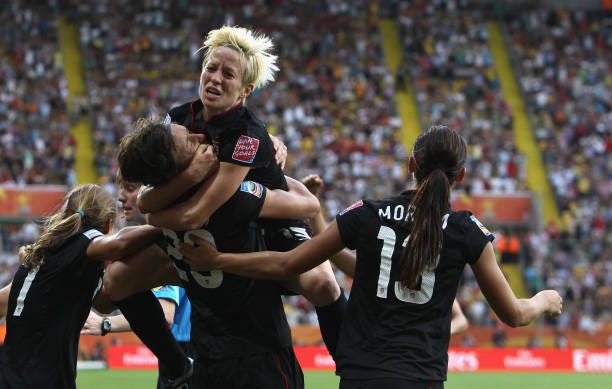 Abby Wambach of USA celebrates after scoring her team's equalizing goal during the FIFA Women's World Cup 2011 Quarter Final match between Brazil and... Abby Wambach of USA celebrates after scoring her team's equalizing goal during the FIFA Women's World Cup 2011 Quarter Final match between Brazil and...