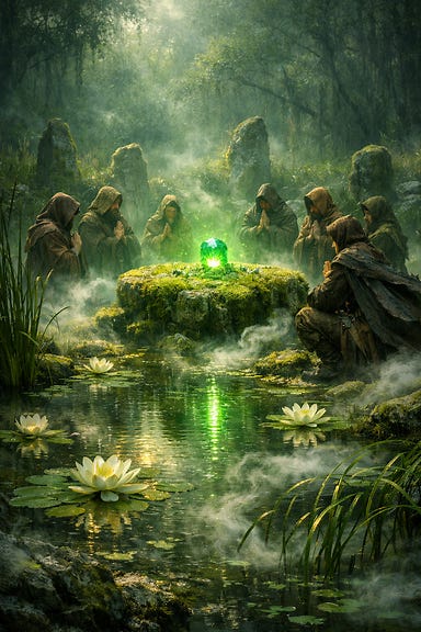 Swamp Fane first consecration, viridian marsh glowing, druids encircling moss‑covered altar, water lilies reflecting emerald gem, mist coiling like incense, serene untouched Barovian swamp