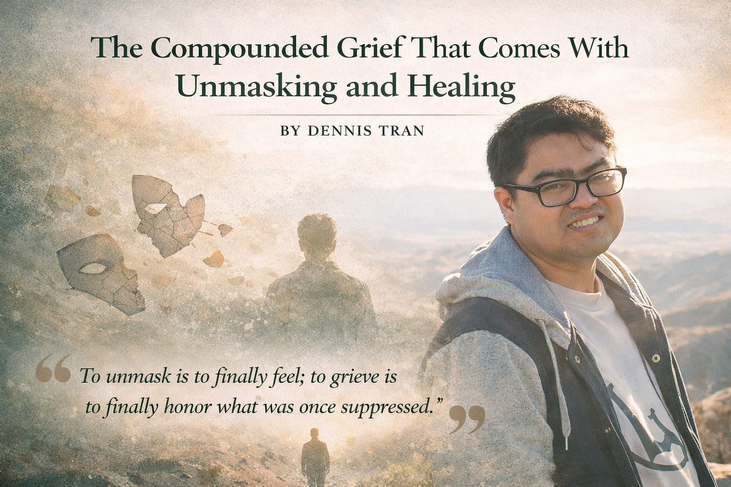 Alt Text (Short, Screen Reader–Friendly) A soft, artistic graphic featuring Dennis Tran standing in a sunlit mountain landscape. Cracked mask fragments float in the background, symbolizing unmasking and healing. Text reads: “The Compounded Grief That Comes With Unmasking and Healing” by Dennis Tran, with the quote, “To unmask is to finally feel; to grieve is to finally honor what was once suppressed.” Image Description (Long Form / Expanded Context) A reflective social media graphic blends a known photograph of Dennis Tran with an ethereal, painterly illustration. Dennis stands outdoors in a mountainous landscape, wearing glasses and a hoodie, softly lit by natural sunlight. His expression is calm and contemplative. Behind and around him, translucent fragments of cracked theatrical masks float in the air, symbolizing the process of unmasking and the release of survival identities. A smaller silhouette of a person walks forward along a hazy path, reinforcing themes of transition, healing, and becoming. The color palette consists of muted greens, warm beige, and soft gold tones, creating a gentle, grounded atmosphere. At the top, the title reads: “The Compounded Grief That Comes With Unmasking and Healing.” Beneath it is the byline: “By Dennis Tran.” Near the bottom, a quote appears: “To unmask is to finally feel; to grieve is to finally honor what was once suppressed.” The overall tone is introspective, tender, and affirming, visually representing grief, healing, and identity integration. Alt Text (Short, Screen Reader–Friendly) A soft, artistic graphic featuring Dennis Tran standing in a sunlit mountain landscape. Cracked mask fragments float in the background, symbolizing unmasking and healing. Text reads: “The Compounded Grief That Comes With Unmasking and Healing” by Dennis Tran, with the quote, “To unmask is to finally feel; to grieve is to finally honor what was once suppressed.” Image Description (Long Form / Expanded Context) A reflective social media graphic blends a known photograph of Dennis Tran with an ethereal, painterly illustration. Dennis stands outdoors in a mountainous landscape, wearing glasses and a hoodie, softly lit by natural sunlight. His expression is calm and contemplative. Behind and around him, translucent fragments of cracked theatrical masks float in the air, symbolizing the process of unmasking and the release of survival identities. A smaller silhouette of a person walks forward along a hazy path, reinforcing themes of transition, healing, and becoming. The color palette consists of muted greens, warm beige, and soft gold tones, creating a gentle, grounded atmosphere. At the top, the title reads: “The Compounded Grief That Comes With Unmasking and Healing.” Beneath it is the byline: “By Dennis Tran.” Near the bottom, a quote appears: “To unmask is to finally feel; to grieve is to finally honor what was once suppressed.” The overall tone is introspective, tender, and affirming, visually representing grief, healing, and identity integration.