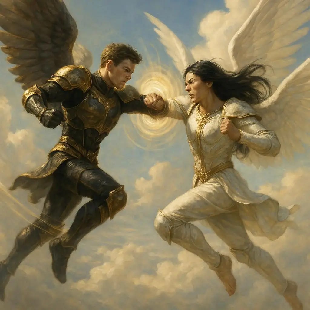 a lean warrior angel in gold and black armor flying and short brown hair through the heavenly skies fist fighting an angel who wears white and gold armor who has long black hair. realistic. heavenly. in heaven. each strike creates sonic booms.