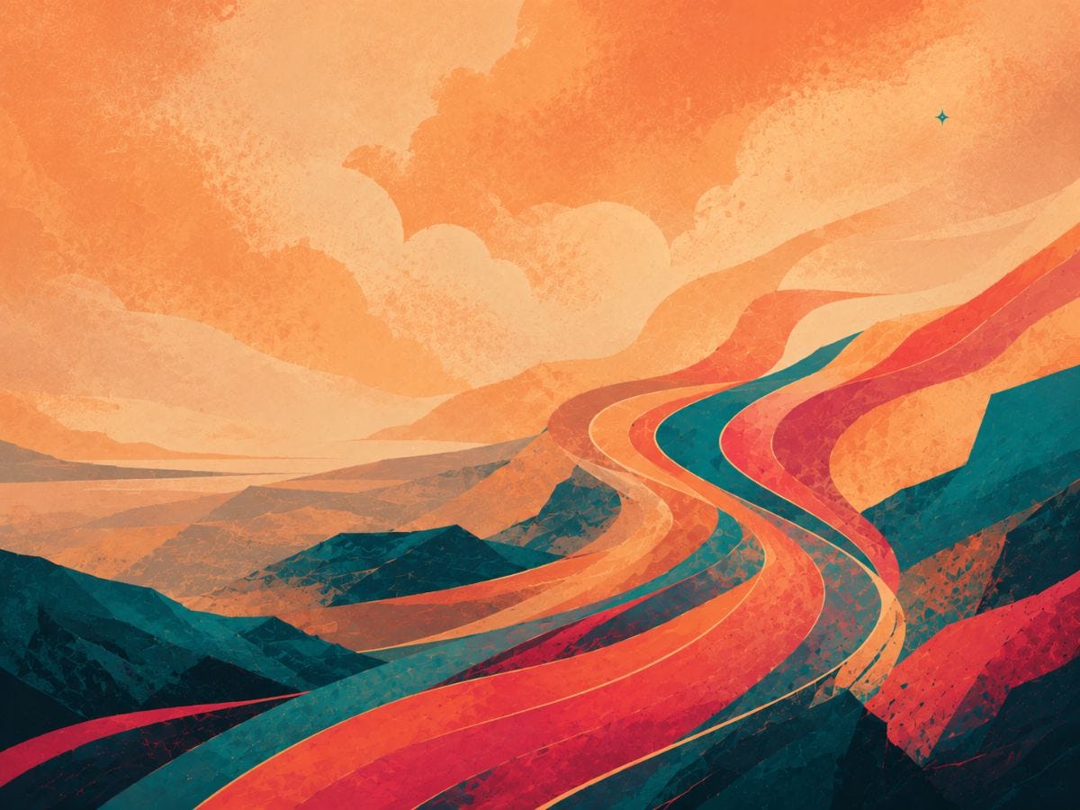 Abstract graphic-novel landscape with flowing teal, coral, orange, and red ribbons winding through layered mountains toward the horizon, with a small subtle star in the upper-right sky. Abstract graphic-novel landscape with flowing teal, coral, orange, and red ribbons winding through layered mountains toward the horizon, with a small subtle star in the upper-right sky.