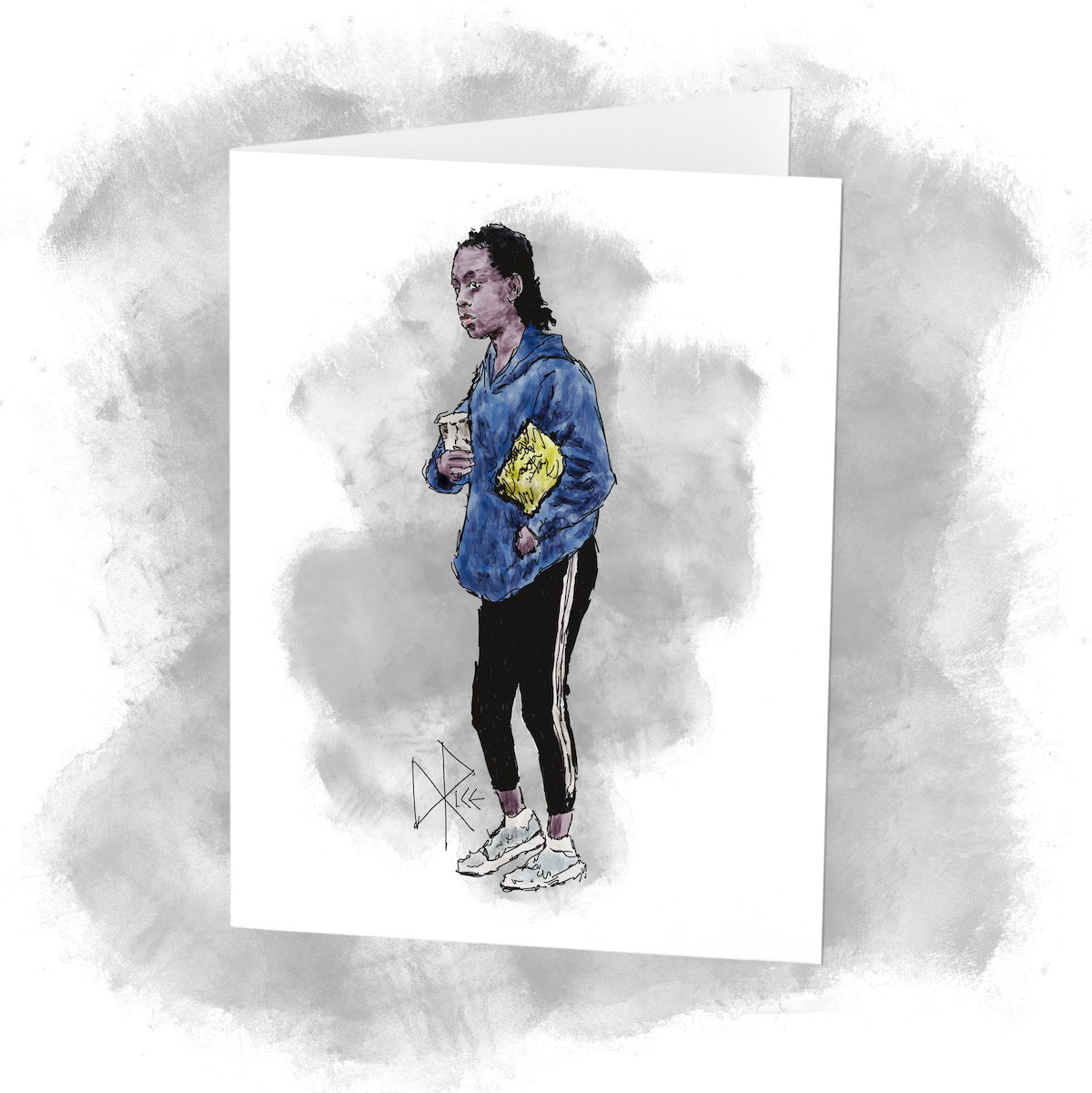 A woman in a blue hoodie, with some papers tucked under one arm as she holds a thermos cup with her other hand, waiting in line at a bank. Sketch art by Don Rice.