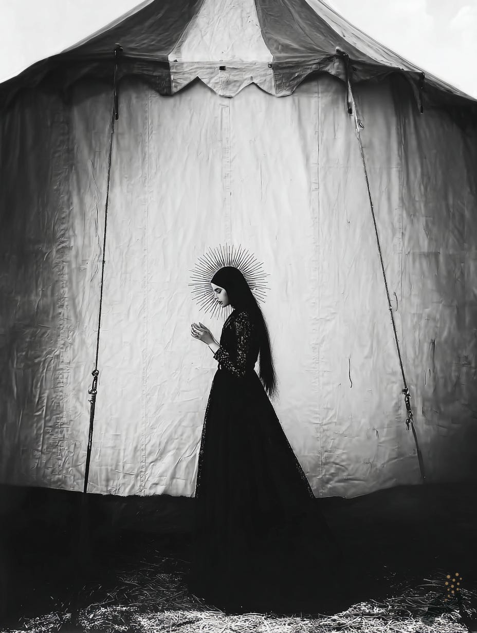 Black-and-white surreal image of a woman in silhouette standing inside or before a large pale tent. 