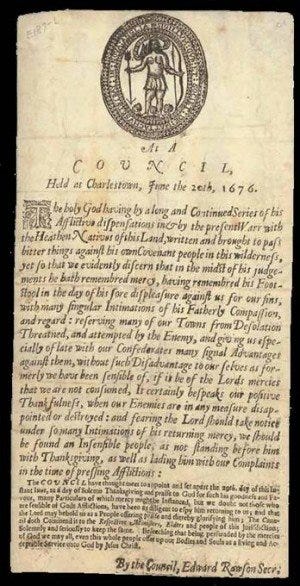 June 20, 1676 Thanksgiving Day Proclamation