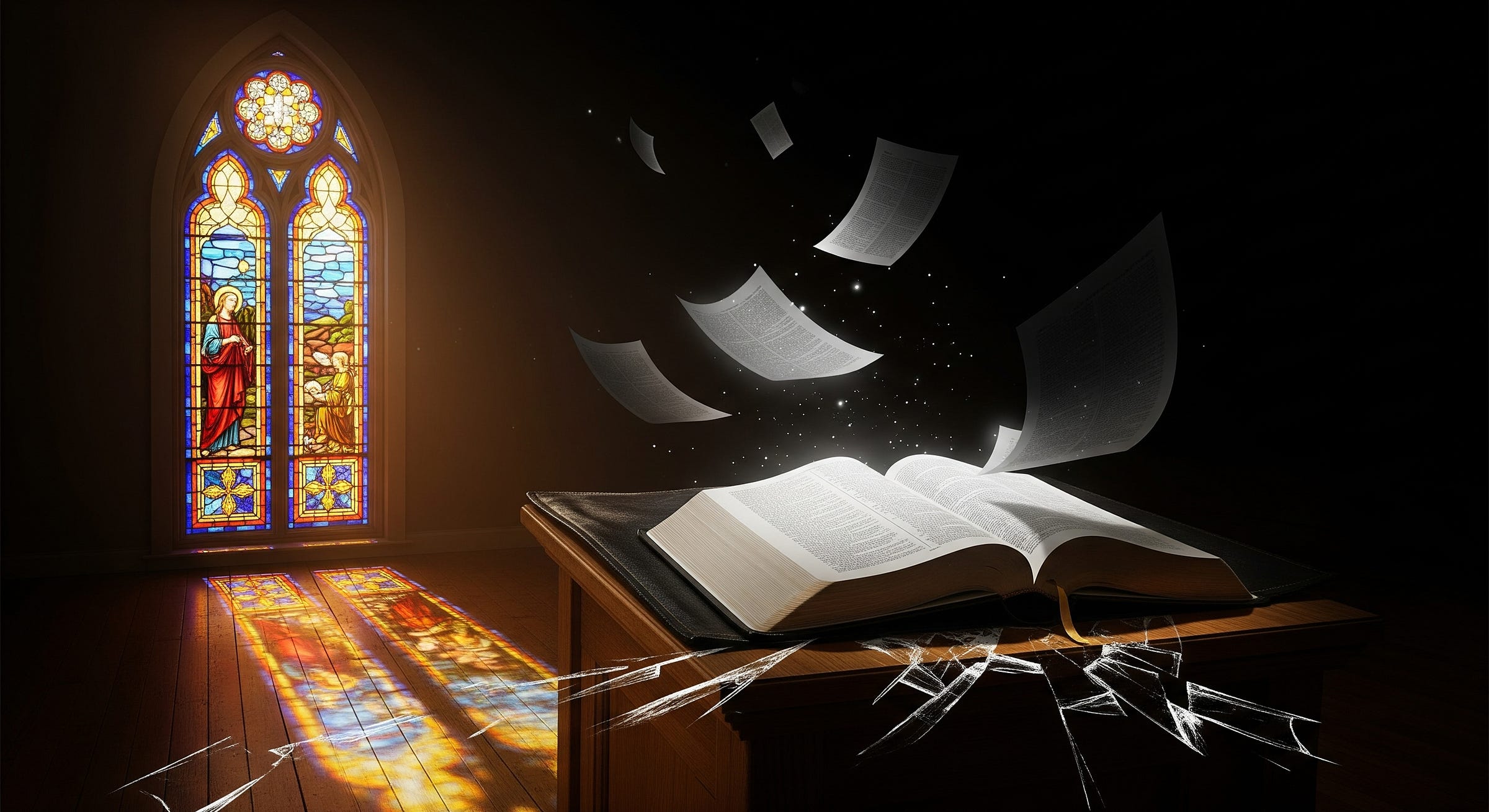 A photorealistic image of an open Bible on a wooden pulpit under dramatic lighting. The Bible's shadow on the floor is cracked and looks like a shattered starburst. Behind it, a colorful stained-glass window glows on the left, and a dark, fractured window is on the right, with a simple wooden cross between them. Pages from the Bible float in the air, some glowing with light while others are dark.