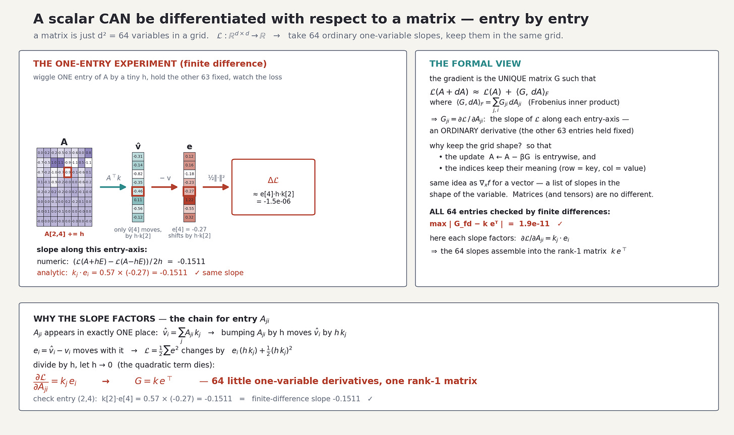 Differentiating a scalar loss with respect to a matrix