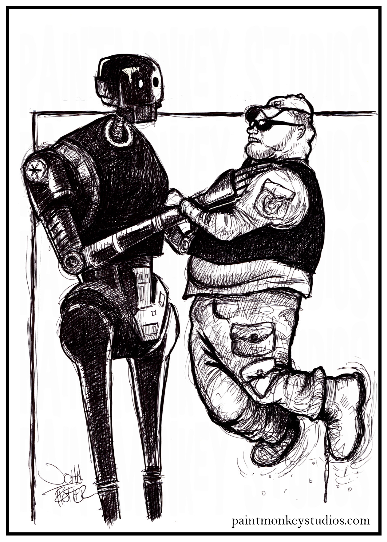 Ballpoint sketch of K-S2O lifting up an ice agent by the neck.