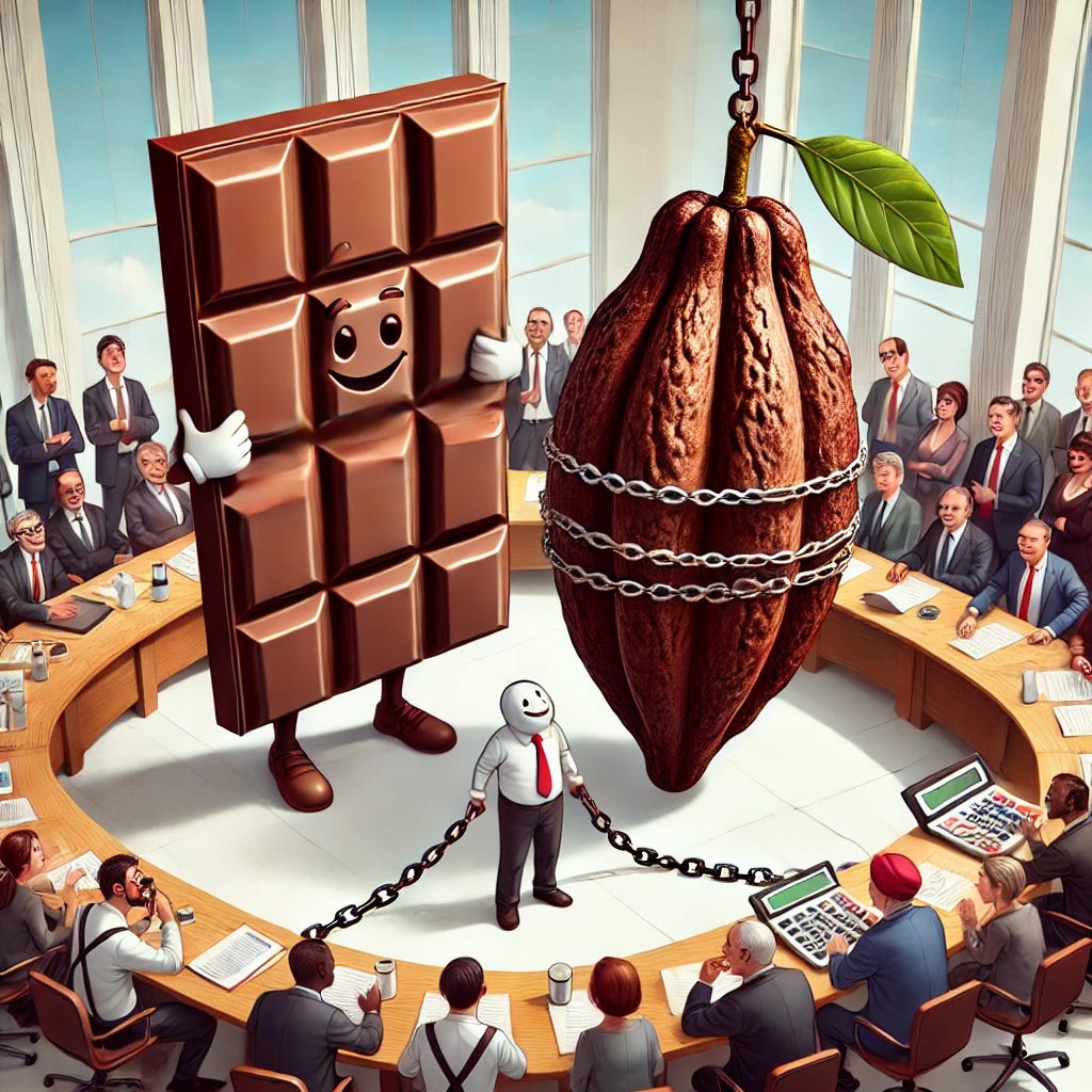 A giant chocolate bar standing alone, smiling and carefree, while on the opposite side, a massive cocoa pod is tied with chains, surrounded by many people with serious faces, holding calculators and discussing intensely. The people appear to be struggling to determine a "fair price" for the cocoa pod, while the chocolate bar remains untouched and unexamined. The background represents a corporate boardroom setting, symbolizing the power dynamics in the cocoa industry.