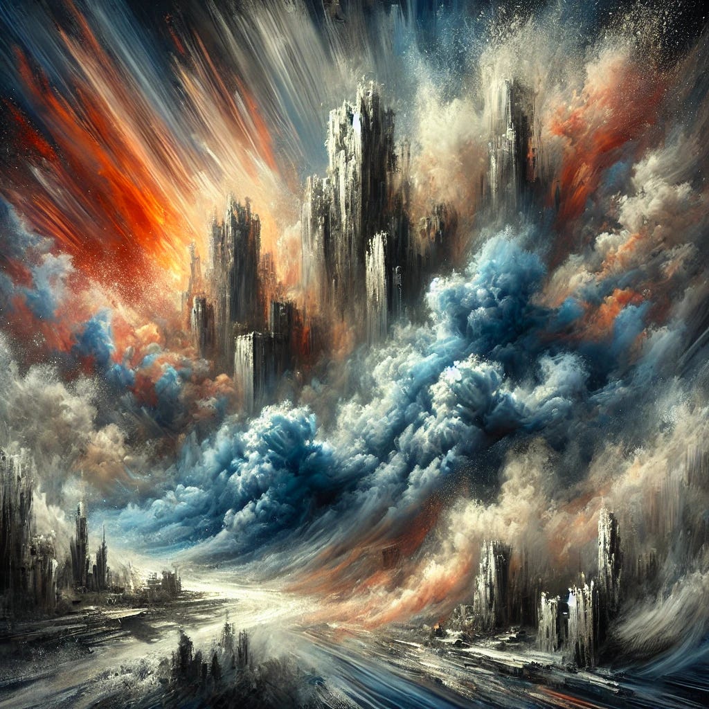 An abstract oil painting with thick brush strokes depicting the transformation of steel into dust. The scene is surreal, with towering structures dissolving into swirling clouds of fine powder, blending into a chaotic yet eerily silent atmosphere. The colors are bold and dramatic, with deep blues, fiery oranges, and smoky grays creating a contrast between solidity and dissolution. The brushstrokes are expressive and textured, adding a sense of motion and energy to the scene. The composition evokes a sense of mystery and hidden forces at play. An abstract oil painting with thick brush strokes depicting the transformation of steel into dust. The scene is surreal, with towering structures dissolving into swirling clouds of fine powder, blending into a chaotic yet eerily silent atmosphere. The colors are bold and dramatic, with deep blues, fiery oranges, and smoky grays creating a contrast between solidity and dissolution. The brushstrokes are expressive and textured, adding a sense of motion and energy to the scene. The composition evokes a sense of mystery and hidden forces at play.