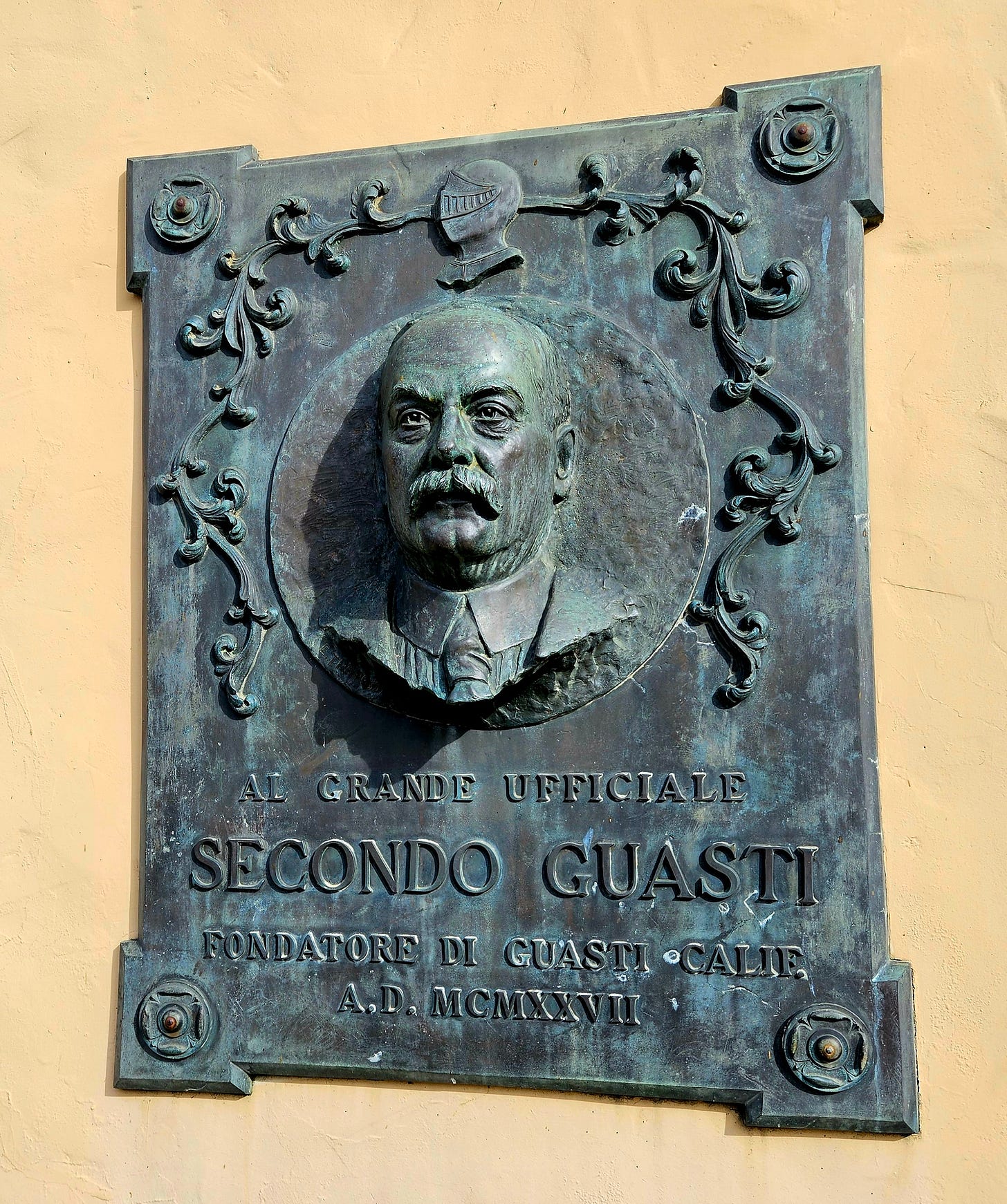 Bronze portrait plaque of Secondo Guasti, Italian immigrant founder of the Italian Vineyard Company and the town of Guasti, California, dedicated 1927.