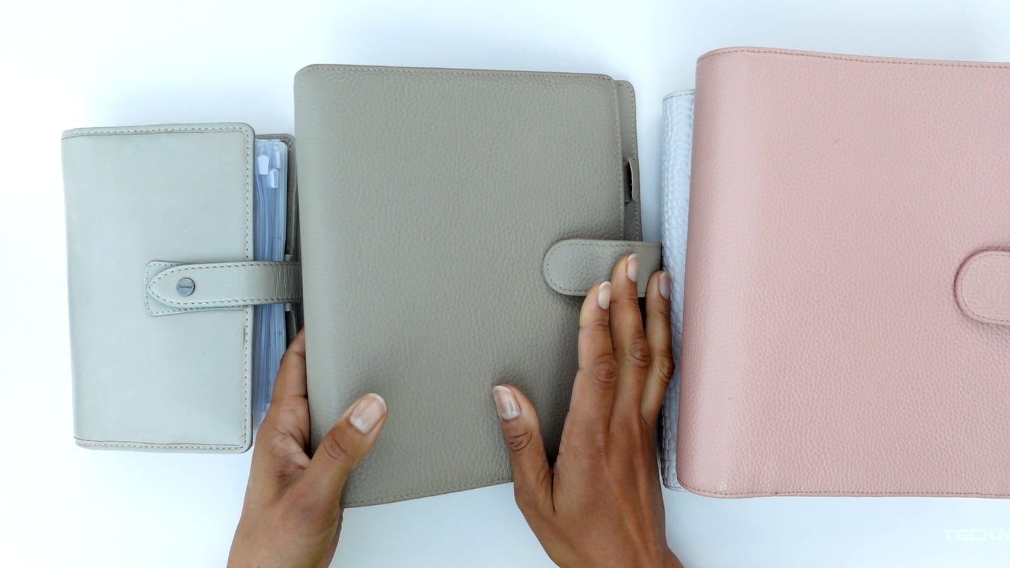 Planner covers: Filofax Malden Personal in Stone, Filofax Norfolk A5 in Taupe, Moterm Luxe 2.0 A5 in Pebbled Dusty Rose.