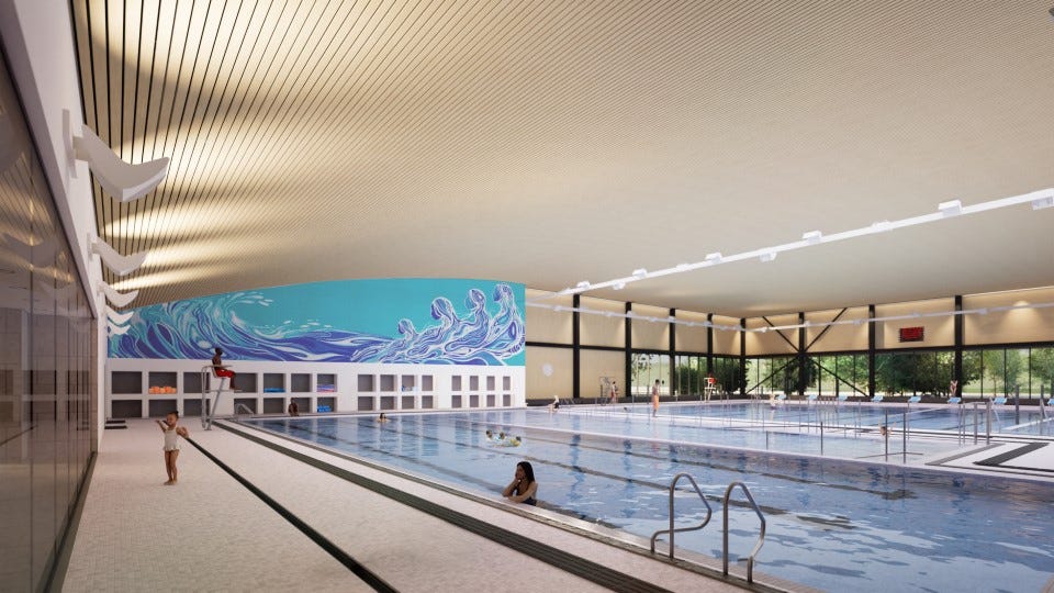 Rendering of the aquatics centre with the art piece highlighted in the background