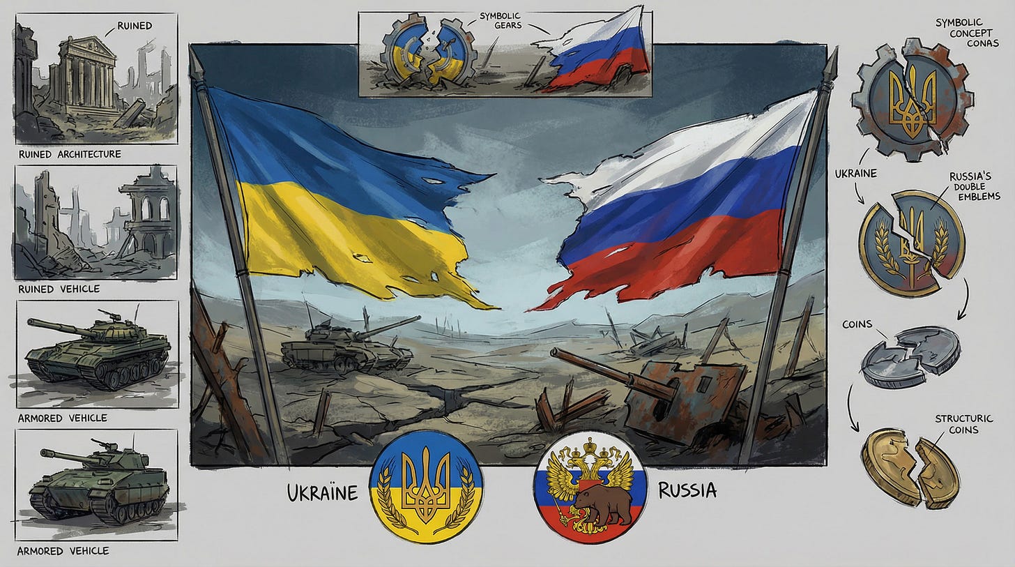 AI-generated illustration of Ukrainian and Russian Flags separated by a ruined countryside, symbolizing the destructive results of war.