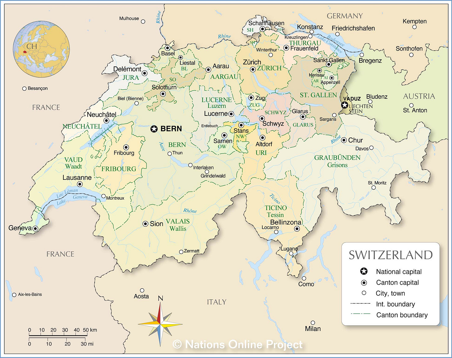 Administrative Map of Switzerland with cantons and canton capitals Administrative Map of Switzerland with cantons and canton capitals