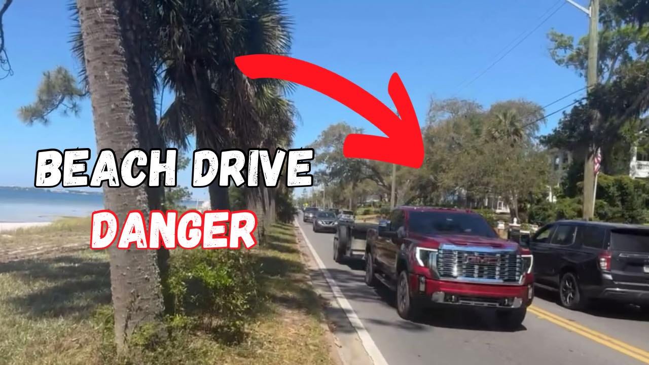 May be an image of car, beach and text that says 'BEACH DRIVE DANGER'