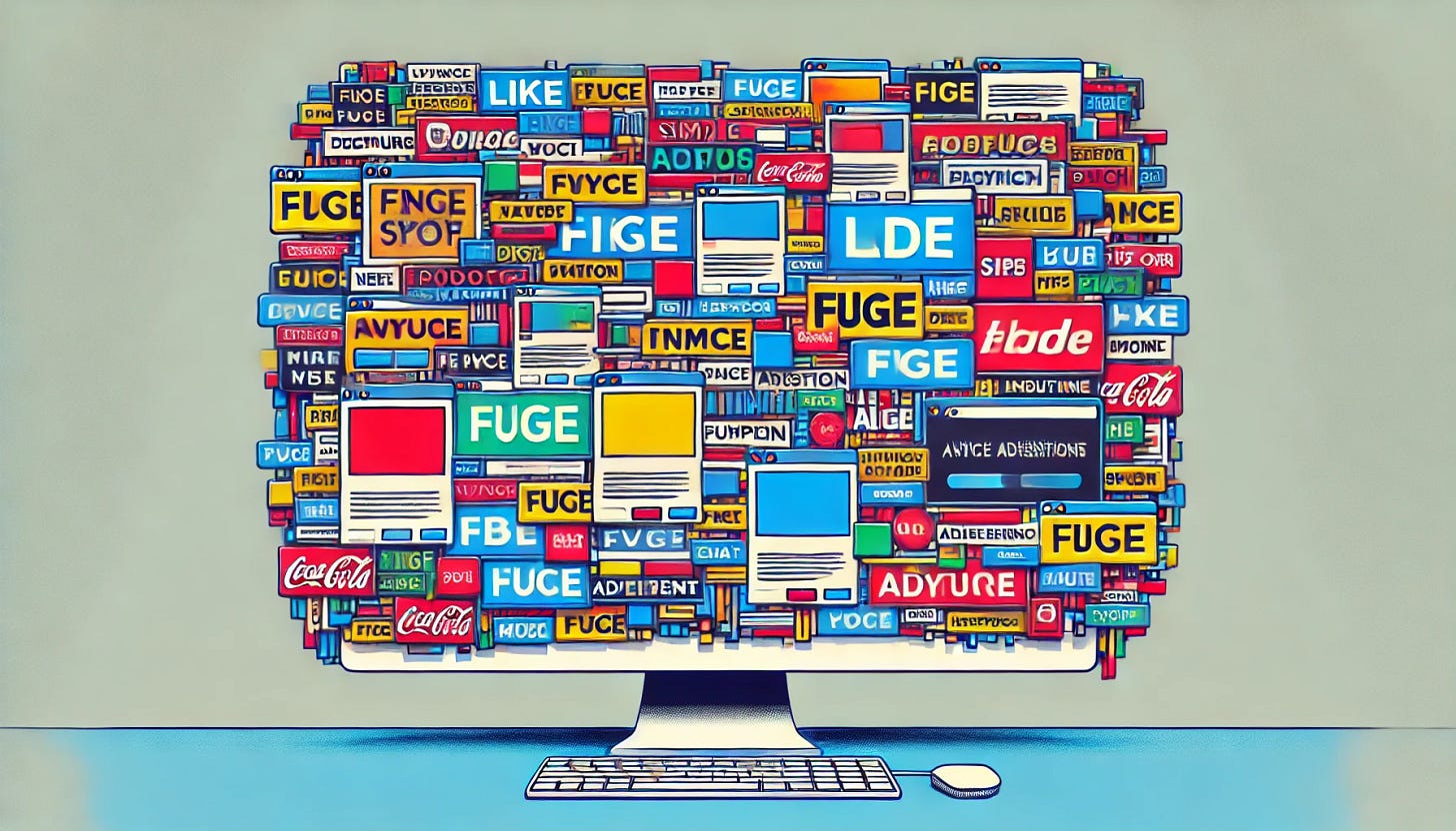 A landscape view of a plain computer screen resembling a simple web interface, like a chat window, with intrusive, colorful adverts invading the screen from all sides. This version matches the first portrait image's elements and style, with ads cluttered and overlapping in vibrant colors and various fonts. The background shows a simple text chat interface partly obscured by these invasive advertisements.