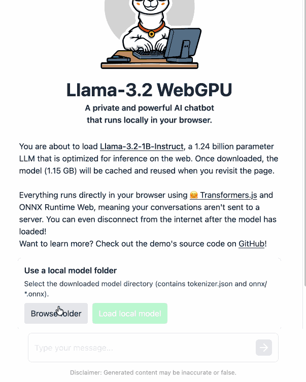GIF. I follow the setup instructions, clicking to load a local model and browsing to the correct folder. Once loaded the model shows a chat interface, I run the example about time management which returns tokens at about 10/second. GIF. I follow the setup instructions, clicking to load a local model and browsing to the correct folder. Once loaded the model shows a chat interface, I run the example about time management which returns tokens at about 10/second.