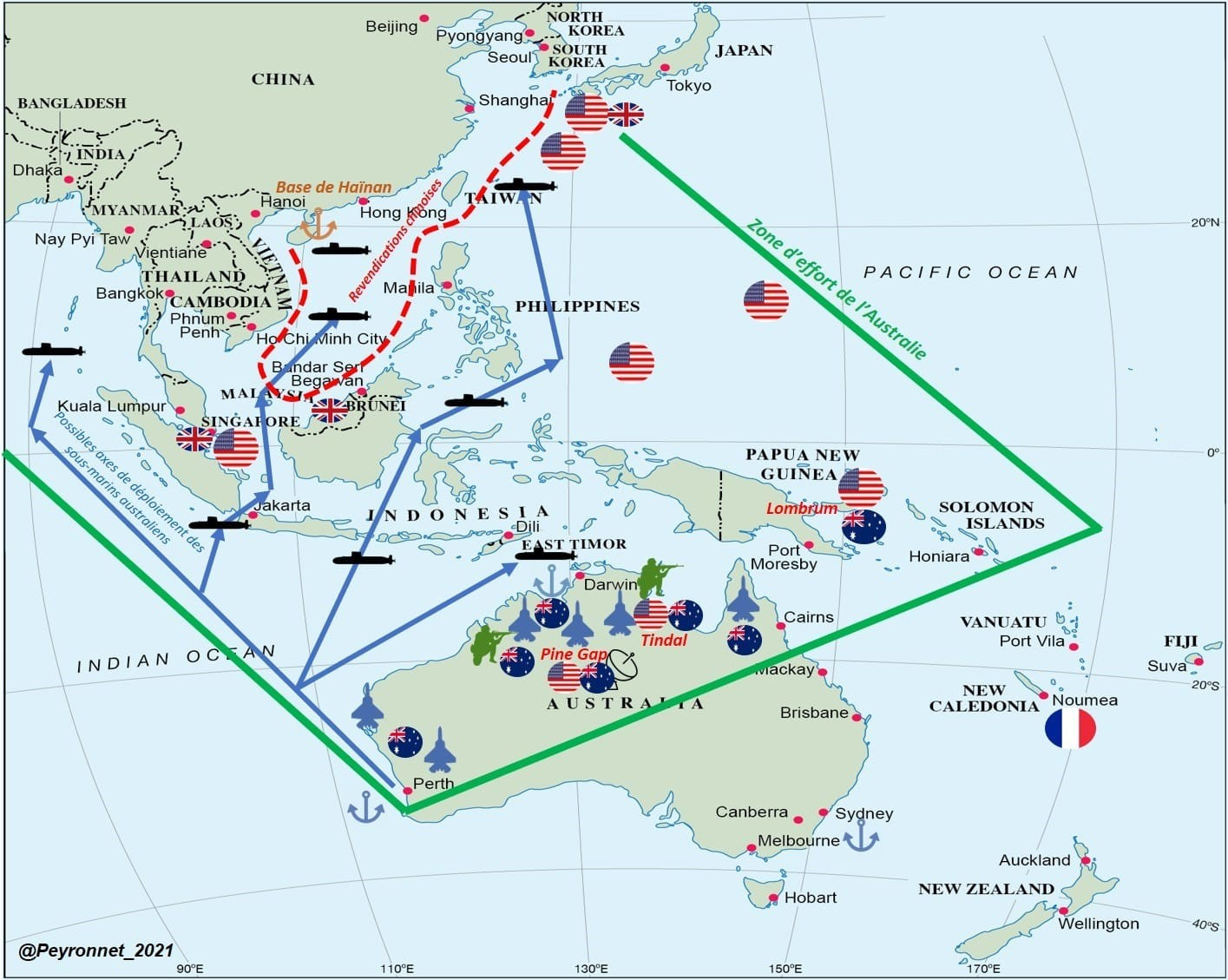 AUKUS and Indo-Pacific strategic map — Detailed view of U.S., UK, and Australian strategic alignment and force posture in the region.