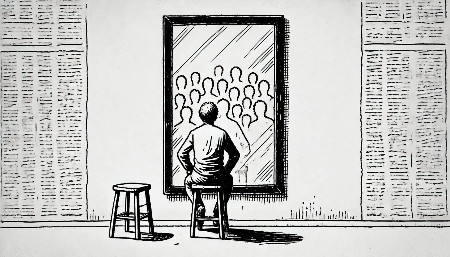 A highly minimalist horizontal header image in the style of a hand-drawn newspaper cartoon. The scene shows a single figure seated on a stool, facing a plain mirror with faint, fragmented multiple reflections of the figure. The drawing uses simple, clean black ink lines with no shading or unnecessary details, focusing purely on the essential shapes and contours. The overall aesthetic is raw, minimal, and authentically hand-drawn, resembling a classic editorial cartoon with a stripped-down look.