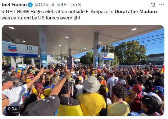 Venezuelans in Doral, Florida celebrate the arrest of Venezuela's President & First Lady. Venezuelans in Doral, Florida celebrate the arrest of Venezuela's President & First Lady.