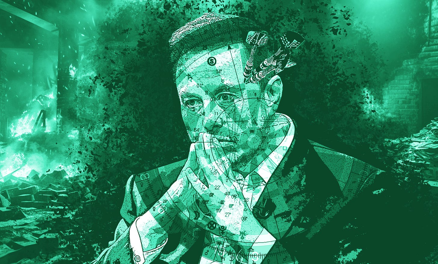 Stylized image of Elon Musk sitting in front of burning piles of cash, with a superimposed dart board and astrology chart hybrid with darts pinned to him