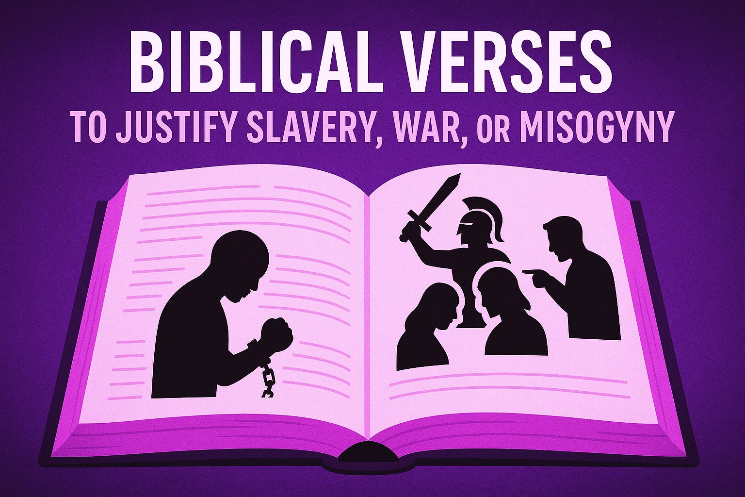 Brightly colored illustration of an open Bible. One page shows the silhouette of a chained figure, the other shows a warrior with a sword and a man pointing at a bowed woman, representing the use of biblical verses to justify slavery, war, and misogyny.