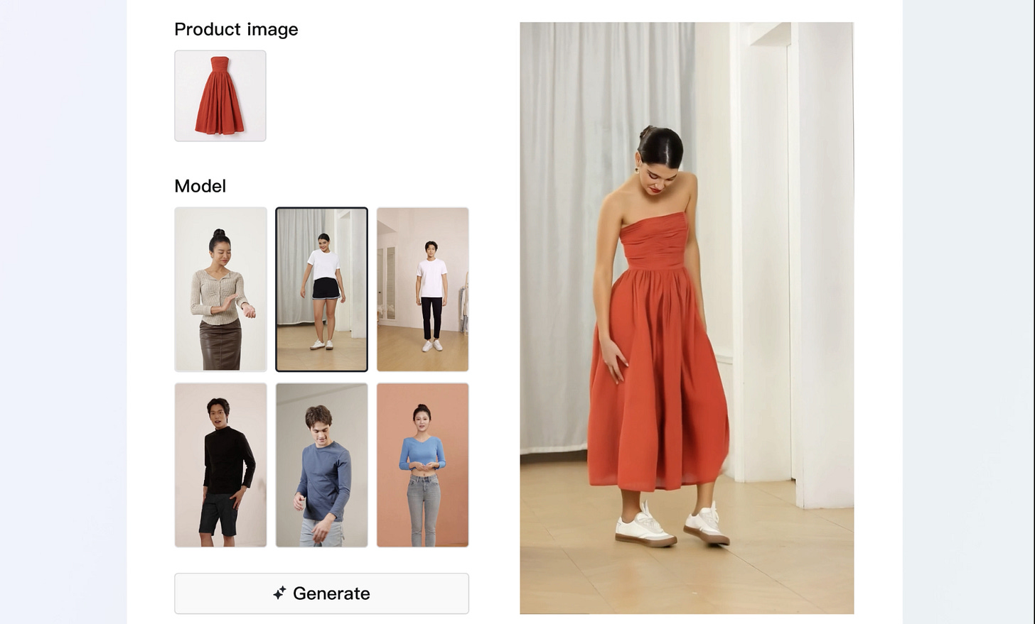 TikTok’s AI-generated product try-on feature, showing a fake model wearing a dress.