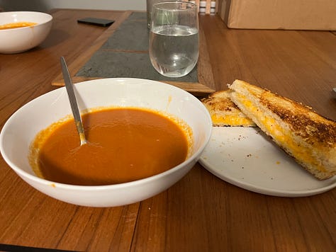 1: tomato soup and grilled cheese; 2: peanut butter and banana toast; 3: gringo tacos