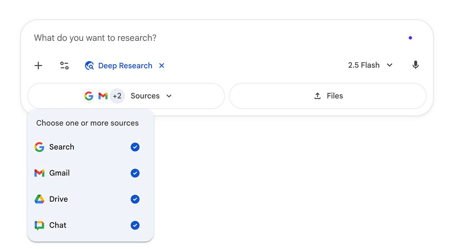 Có thể là hình ảnh về văn bản cho biết 'What do you want to research? + Deep Research Sources 2.5 Flash Choose one or more sources Search Files Gmail Drive Chat' Có thể là hình ảnh về văn bản cho biết 'What do you want to research? + Deep Research Sources 2.5 Flash Choose one or more sources Search Files Gmail Drive Chat'