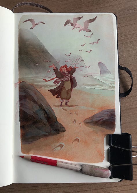 Both digital and traditional studies and illustrations of misty scenarios
