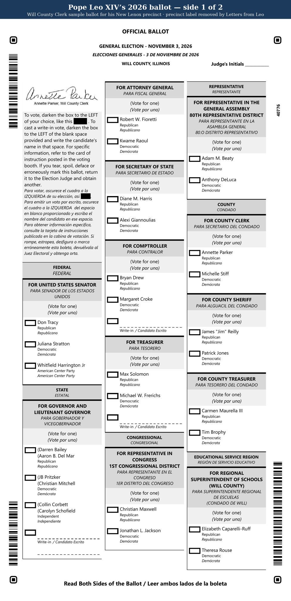 Front of Pope Leo XIV’s 2026 Will County sample ballot