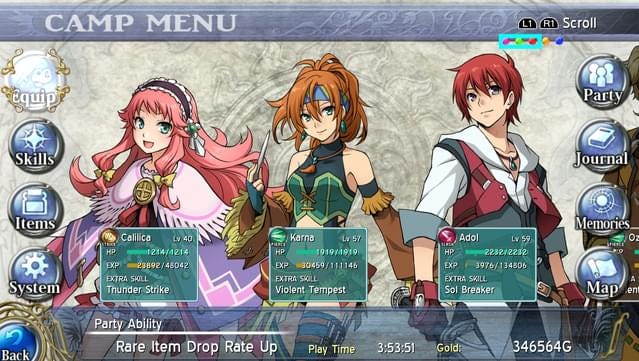 A screenshot of Memories of Celceta's menu, featuring Calilica, Karna, and Adol A screenshot of Memories of Celceta's menu, featuring Calilica, Karna, and Adol