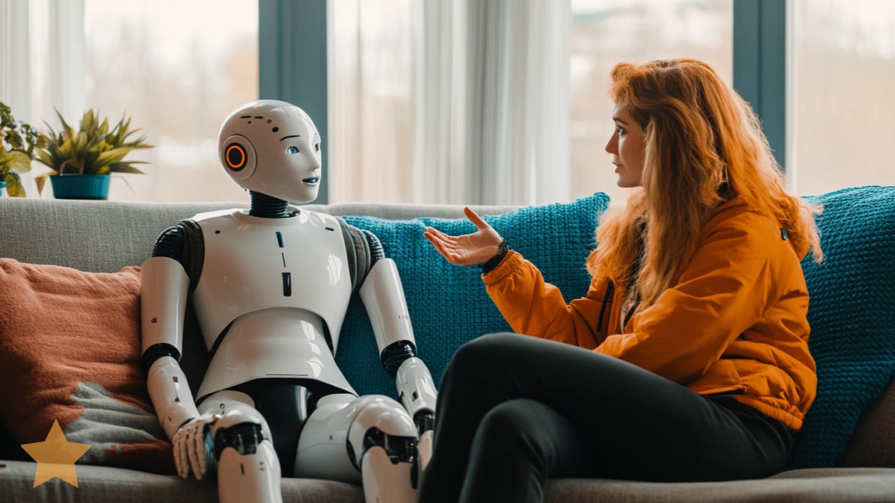 Midjourney prompt: an AI assistant having a casual conversation with a human while sitting on a couch, photo taken with Hasselblad X1D Midjourney prompt: an AI assistant having a casual conversation with a human while sitting on a couch, photo taken with Hasselblad X1D