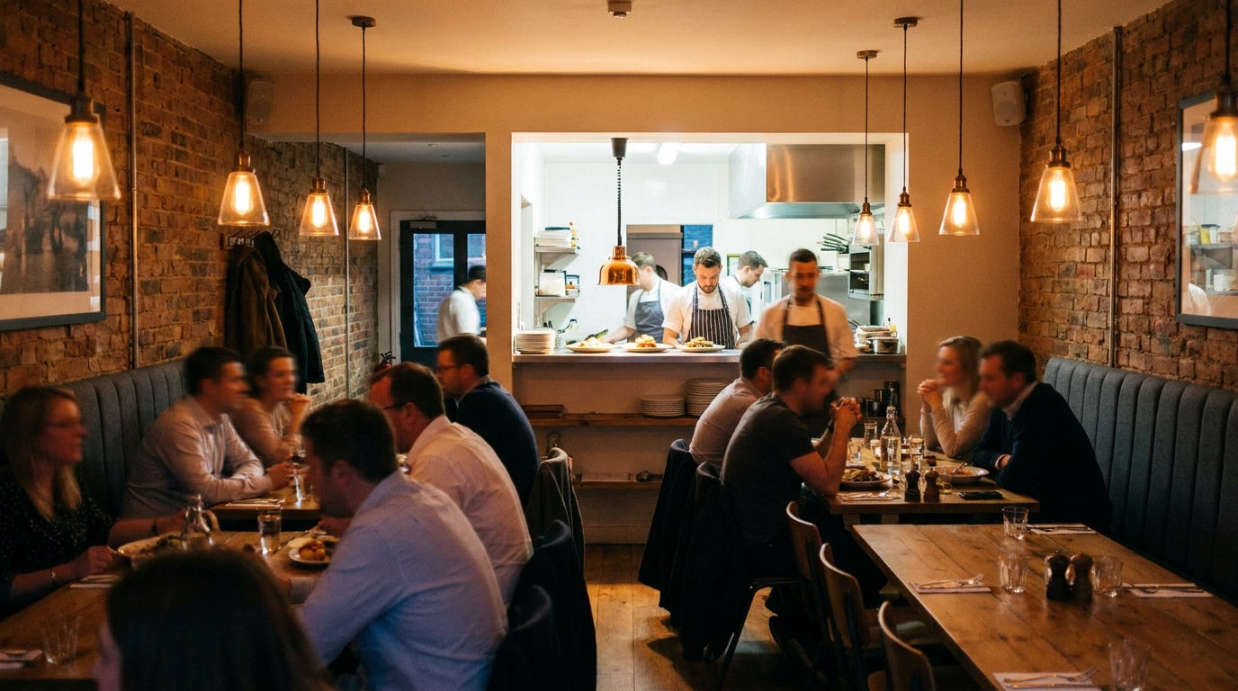 A wide editorial photograph of a busy British high-street restaurant interior at evening, illustrating the consumer-brand operational scale at the centre of The Control Layer's Trust Is the Growth Engine Part 3. A wide editorial photograph of a busy British high-street restaurant interior at evening, illustrating the consumer-brand operational scale at the centre of The Control Layer's Trust Is the Growth Engine Part 3.