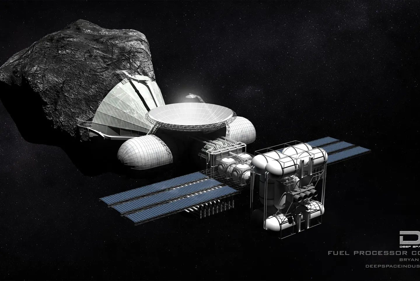 rendering of spacecraft attached to an asteroid 