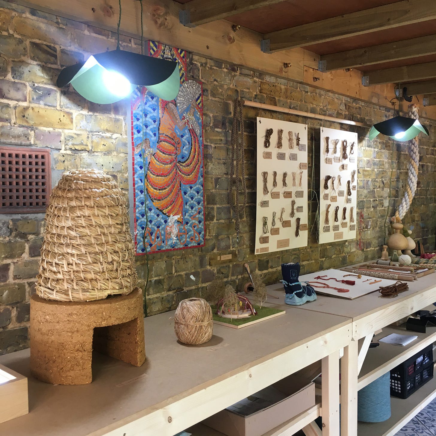 Room view of part of the Mother Goddess of the Three Realms exhibition at Centre 151, Hackney showing objects made from natural fibres using ancient material knowledge. Room view of part of the Mother Goddess of the Three Realms exhibition at Centre 151, Hackney showing objects made from natural fibres using ancient material knowledge.
