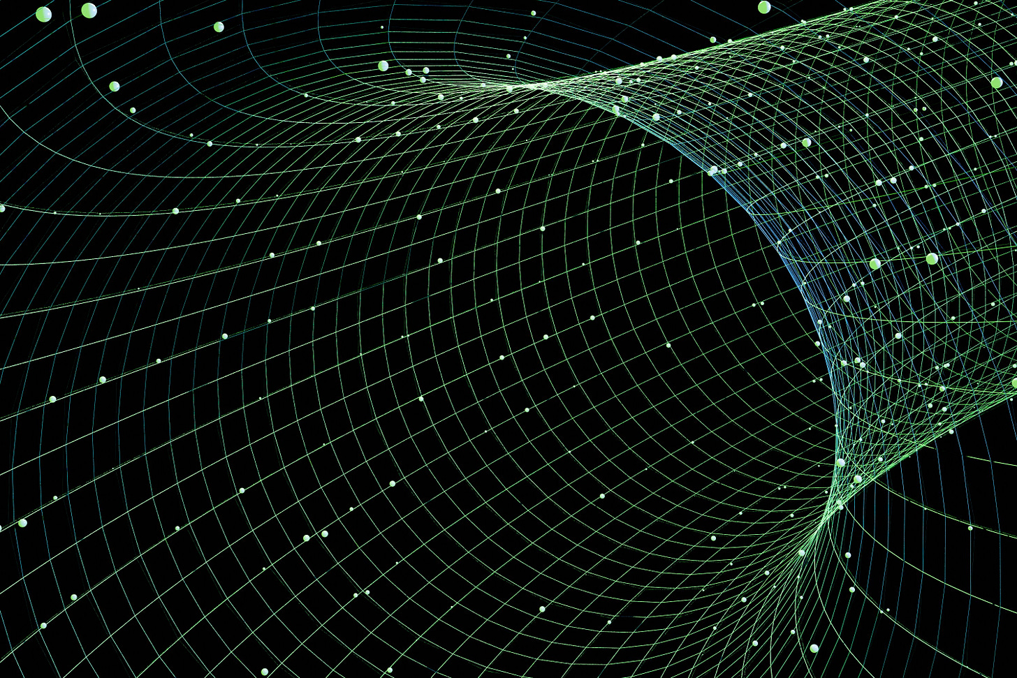 abstract green grid with floating dots on a black background