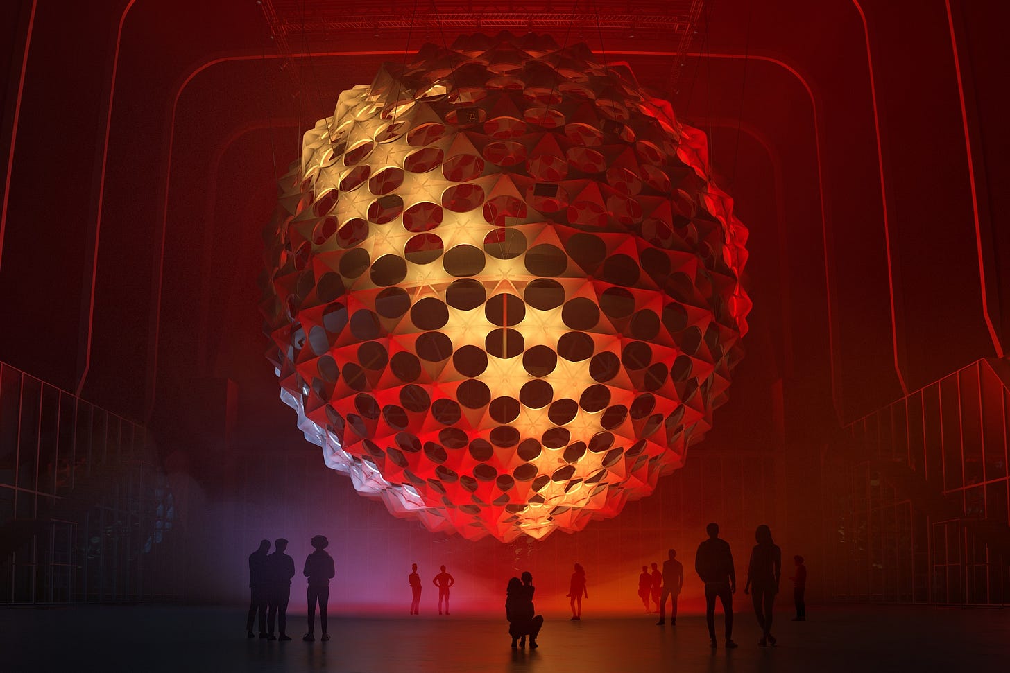 A digital rendering of an enormous spherical concert hall, the Sonic Sphere, in The Shed's McCourt. The sphere is lit in deep red and golden yellow lights. On the floor, visitors stand in small groups looking up at the sphere. A digital rendering of an enormous spherical concert hall, the Sonic Sphere, in The Shed's McCourt. The sphere is lit in deep red and golden yellow lights. On the floor, visitors stand in small groups looking up at the sphere.