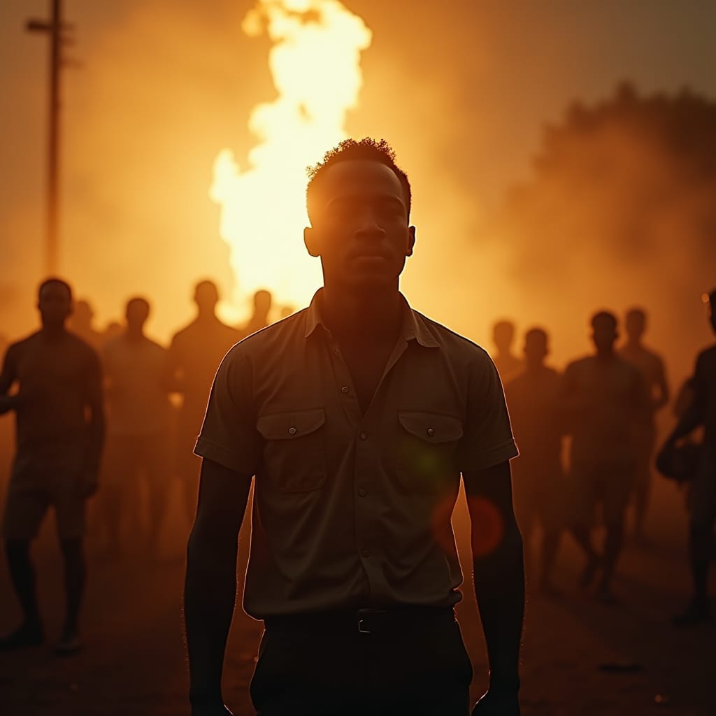 Paul Bogle, a determined Baptist deacon and activist, stands resolutely in the midst of a tumultuous scene, evoking the spirit of the Morant Bay Rebellion of 1865. Paul Bogle, a determined Baptist deacon and activist, stands resolutely in the midst of a tumultuous scene, evoking the spirit of the Morant Bay Rebellion of 1865.