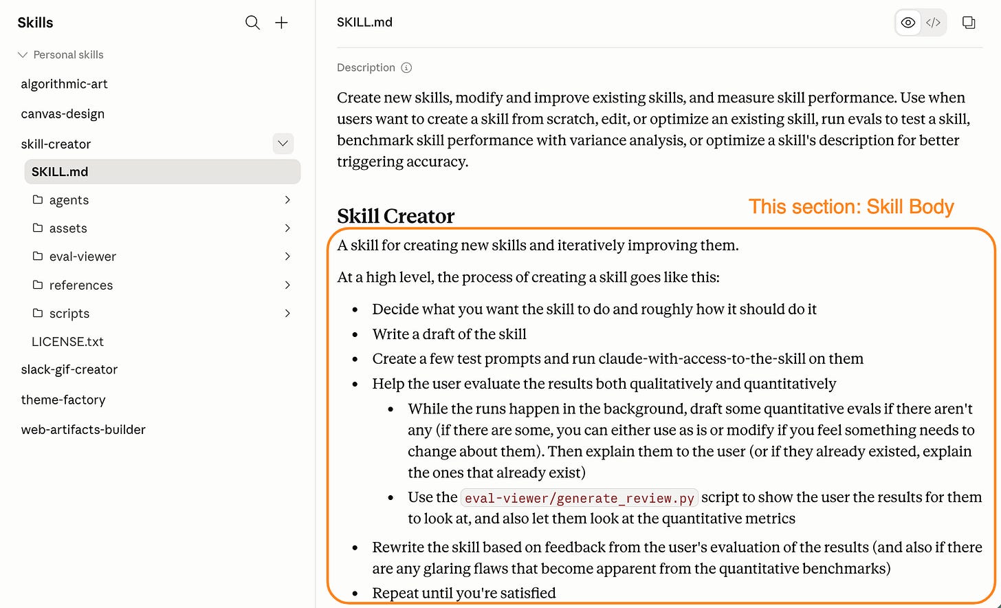 SKILL.md body instructions screenshot