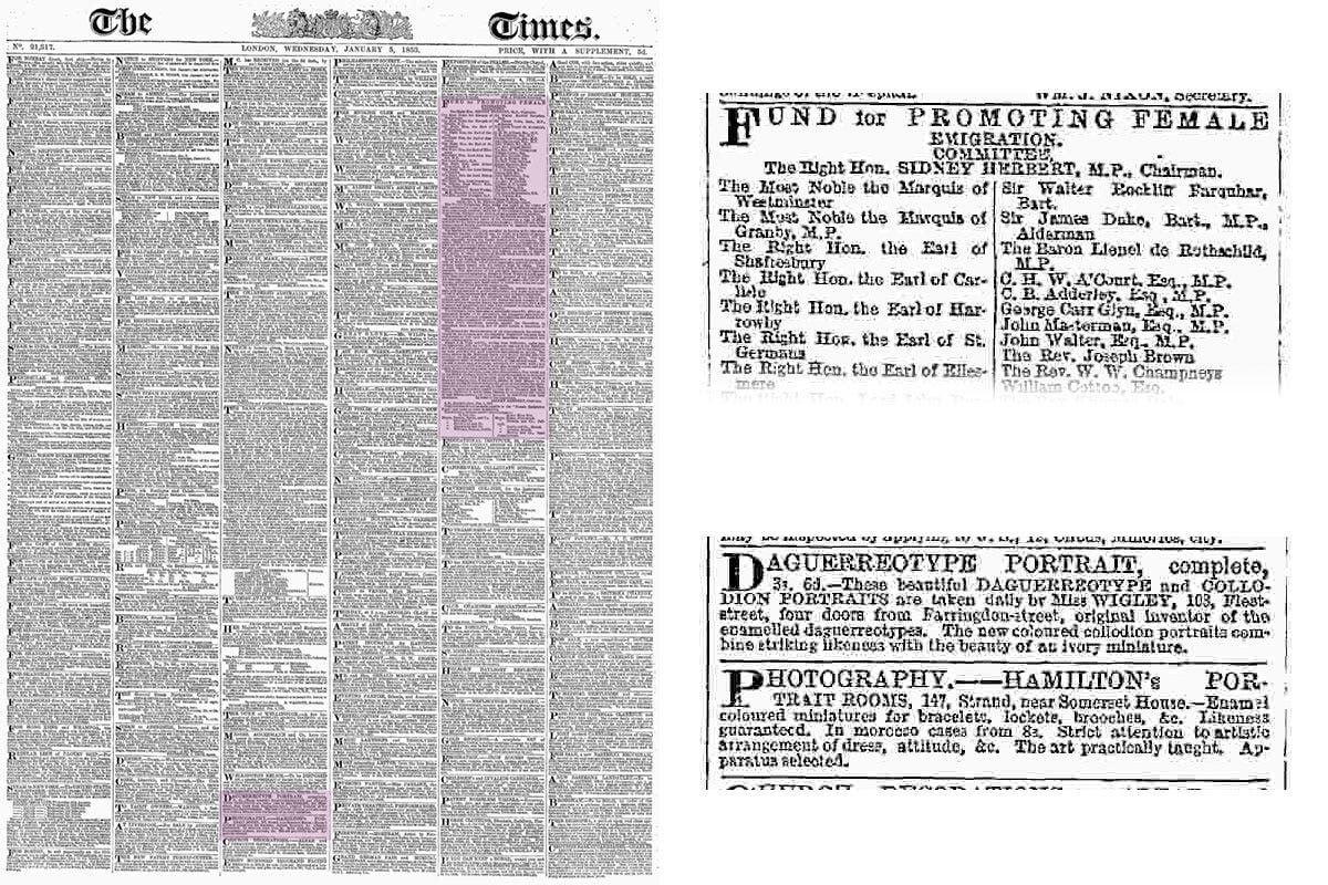 A 19th cenutry newspaper page, with cut out and enlarged adverts next to it